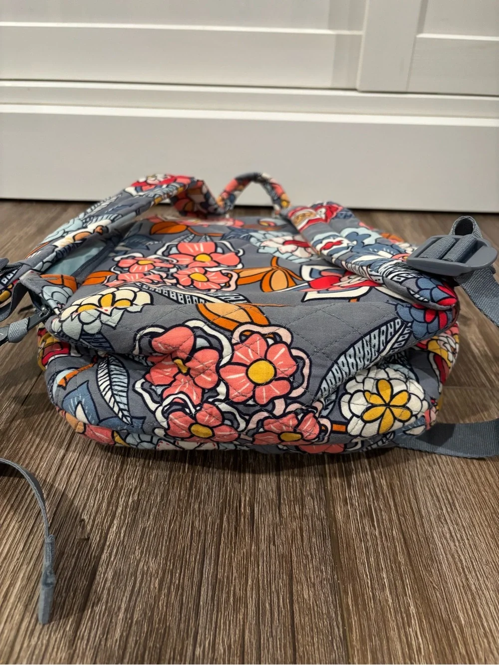 Vera Bradley Quilted Kids Backpack in Blue with Pink and Orange Floral Print